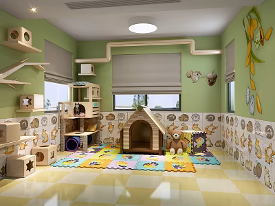 Kids Play Area Shopping Mall Store With Green Walls Wooden Structures Colorful Mats And Plush Toys 3d model