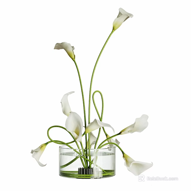 Elegant Decorative Ornament Set with White Calla Lilies in Transparent Glass Vase and Water 3d model 