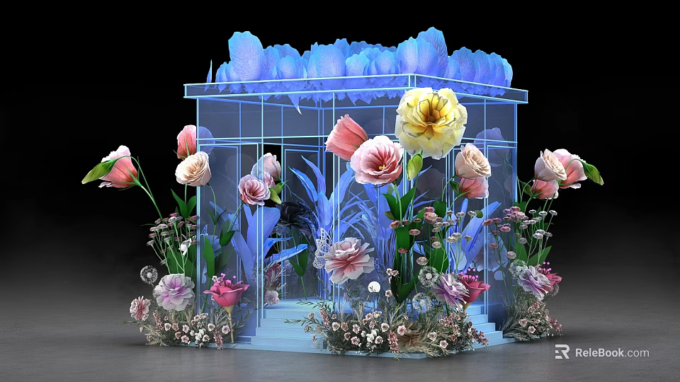 Transparent Glass Greenhouse With Various Pink Yellow Purple Blooms Blue Top Accents Greenery Small Ornaments 3d model 