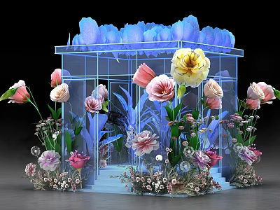 Transparent Glass Greenhouse With Various Pink Yellow Purple Blooms Blue Top Accents Greenery Small Ornaments 3d model