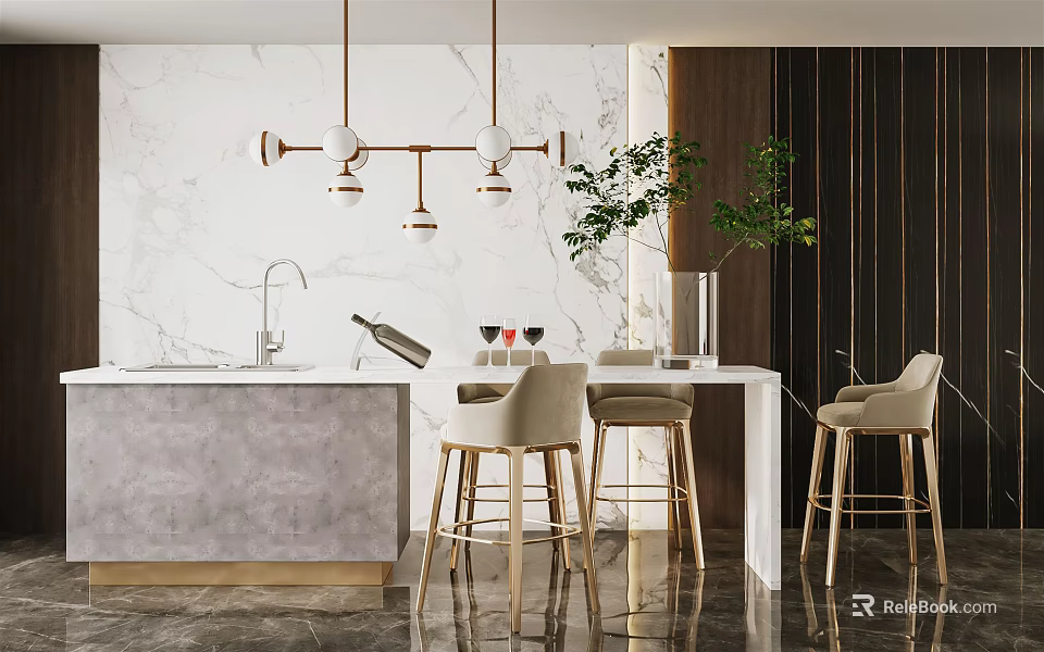Modern Bar Interior With Marble Wall Pendant Lights And Bar Stools Green Plants 3d model 