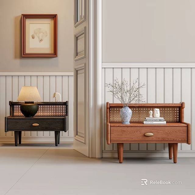 Two Stylish Wooden Bedside Tables With Rattan Design Lamp Vase And Books In Modern Interior 3d model 