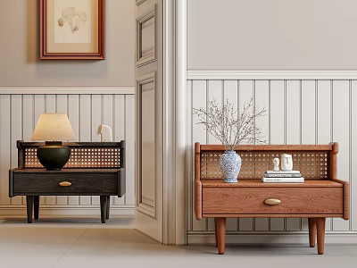 Two Stylish Wooden Bedside Tables With Rattan Design Lamp Vase And Books In Modern Interior 3d model