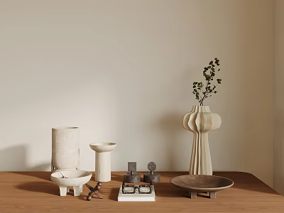 Minimalist Modern Ornamental Decor Set With Vase Tray Geometric Decorations And Plant On Wooden Table 3d model