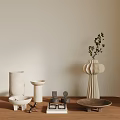 Minimalist Modern Ornamental Decor Set With Vase Tray Geometric Decorations And Plant On Wooden Table