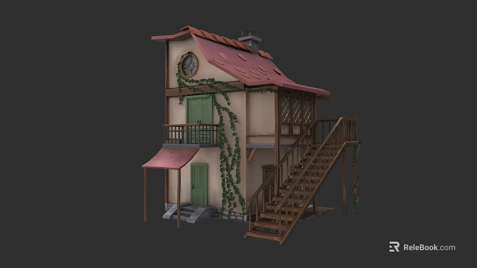Charming Garden Landscape With Red Roof Cottage Green Door Climbing Vines And Wooden Stairs 3d model 