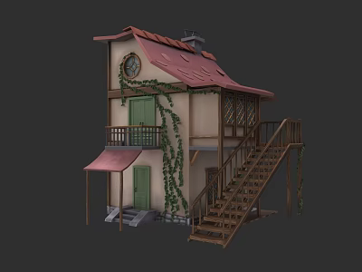 Charming Garden Landscape With Red Roof Cottage Green Door Climbing Vines And Wooden Stairs 3d model