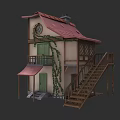 Charming Garden Landscape With Red Roof Cottage Green Door Climbing Vines And Wooden Stairs