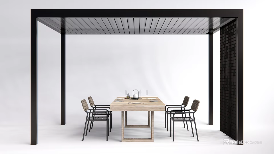 Modern Pergola With Wooden Dining Table Black Metal Frame And Brick Wall 3d model 