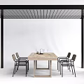 Modern Pergola With Wooden Dining Table Black Metal Frame And Brick Wall