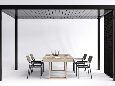 Modern Pergola With Wooden Dining Table Black Metal Frame And Brick Wall 3d model