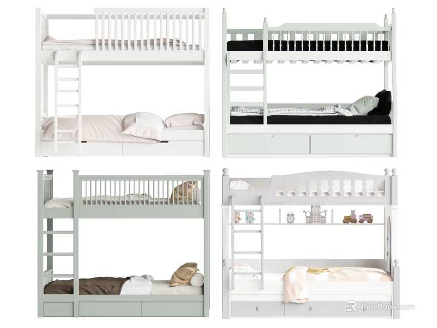 Bunk Bed Designs In Various Modern Styles With Ladder Drawers And Safety Railing 3d model 