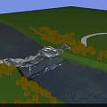 Modern Sculptural Bridge Over River With Green Grass Trees And Water Reflection