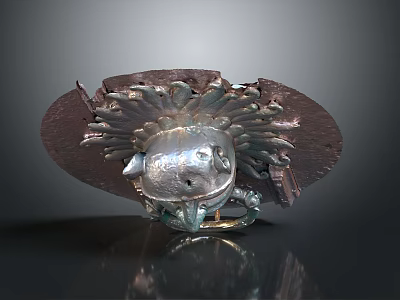 Character And Creature Sculpture With Silver Metallic Body And Radiant Ornamental Details On Dark Surface 3d model