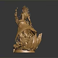 Golden Woman Sculpture With Intricate Flame Like Decorations And Shiny Base