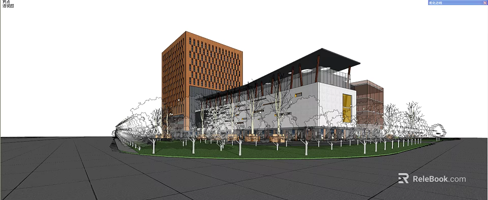 Modern Office Building With Orange Grid Facade White Exterior And Surrounding Trees Lawn 3d model 
