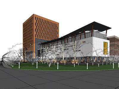 Modern Office Building With Orange Grid Facade White Exterior And Surrounding Trees Lawn 3d model