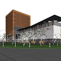 Modern Office Building With Orange Grid Facade White Exterior And Surrounding Trees Lawn