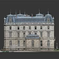 Detailed European Style Building Model With Blue Roof Steps And Red Base