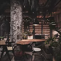 Industrial Style Cafe Interior With Stone Wall Wooden Decor Green Plants And Hanging Chandeliers