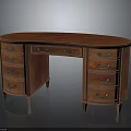 Traditional Wooden Desk With Curved Top Multiple Drawers Metal Handles And Sturdy Legs