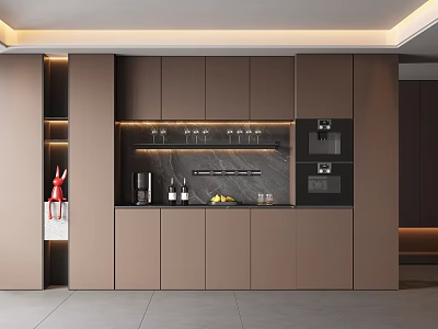 Modern Beige Kitchen Sideboard With Glass Holders Bottles And Fruit Lighting 3d model