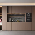 Modern Beige Kitchen Sideboard With Glass Holders Bottles And Fruit Lighting