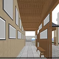 Pergola with wooden ceiling framed panels on walls stone tile flooring and bench