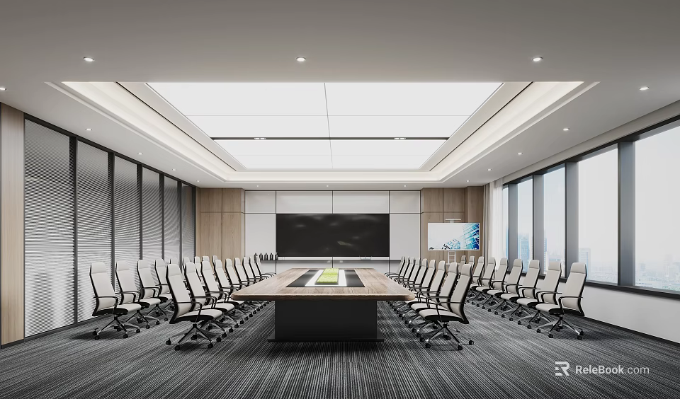 Modern Conference Room With Long Table Chairs Large Screen And City View Windows 3d model