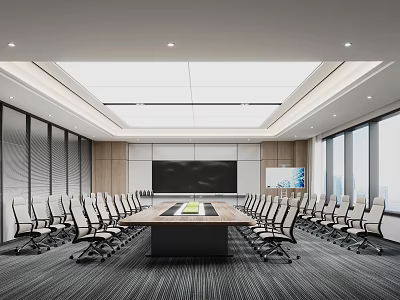 Modern Conference Room With Long Table Chairs Large Screen And City View Windows 3d model