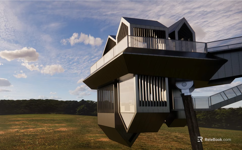 Modern Suspended Metallic Architectural Structure With Angular Roofs Over Grassland And Sky 3d model 
