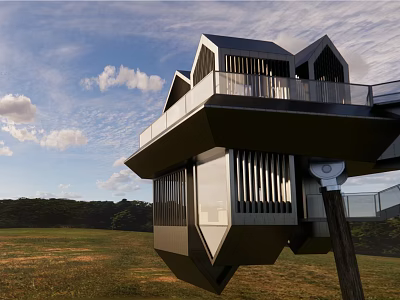 Modern Suspended Metallic Architectural Structure With Angular Roofs Over Grassland And Sky 3d model