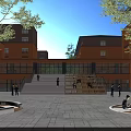 Campus Garden Landscape With Red Brick Buildings Stone Steps Trees Water Features And People
