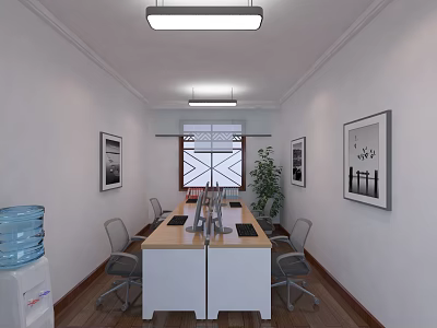 Modern Office Interior With Conference Table Gray Chairs Geometric Window Wall Art And Potted Plant 3d model