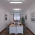 Modern Office Interior With Conference Table Gray Chairs Geometric Window Wall Art And Potted Plant