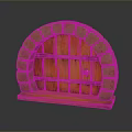 Arched Stone Brick Frame Wooden Gate With Horizontal Wooden Bars Round Knocker And Wooden Base