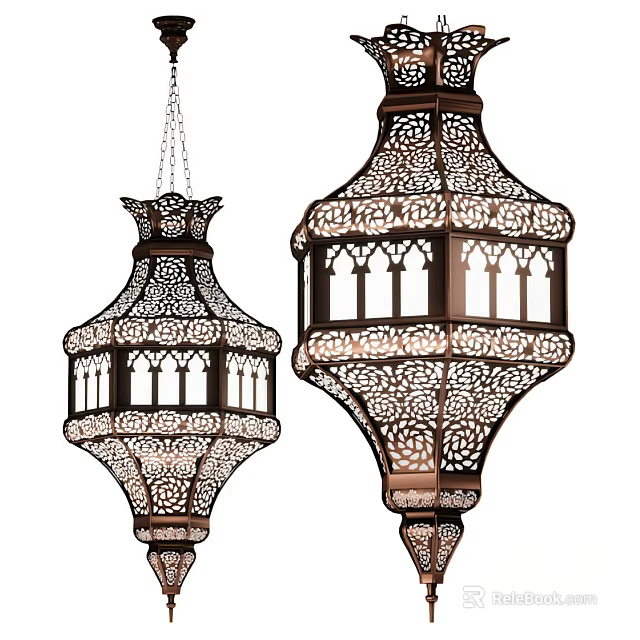 Intricate Moroccan Lantern Chandeliers With Carved Metal Patterns And Hanging Decorative Design 3d model 