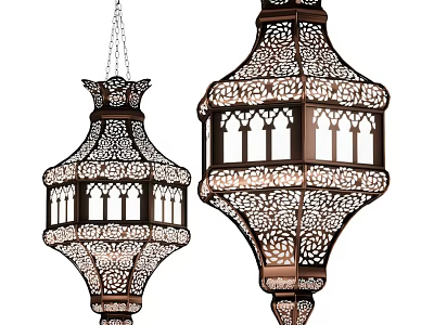 Intricate Moroccan Lantern Chandeliers With Carved Metal Patterns And Hanging Decorative Design 3d model