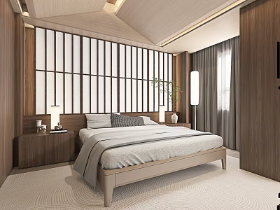Japanese Style Hotel Guest Room With Wooden Elements Sliding Shoji Screens And Bed 3d model