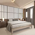 Japanese Style Hotel Guest Room With Wooden Elements Sliding Shoji Screens And Bed
