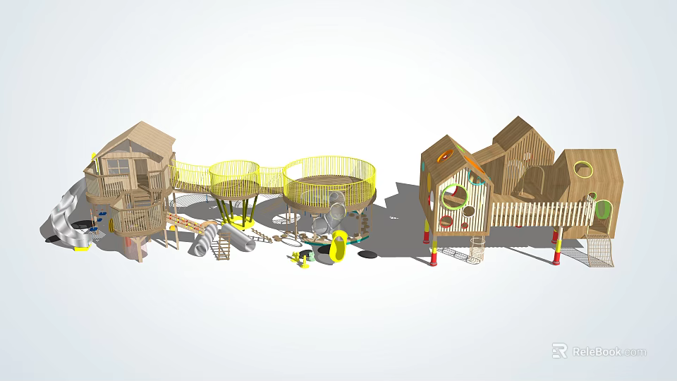 Wooden Playground Equipment With Tree House Design Climbing Structures And Circular Platforms For Kids 3d model 