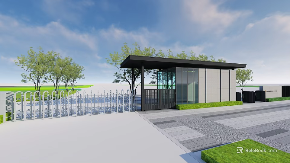 Modern Entrance Building with Electric Gate Glass Wall Trees Grass and Blue Sky above 3d model 