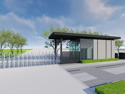 Modern Entrance Building with Electric Gate Glass Wall Trees Grass and Blue Sky above 3d model