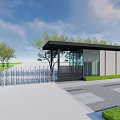 Modern Entrance Building with Electric Gate Glass Wall Trees Grass and Blue Sky above