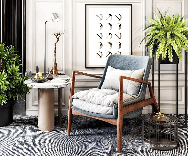 Gray Upholstered Single Sofa With Wooden Arms Near Floor Lamp Side Table And Potted Plant 3d model 