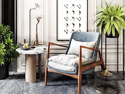 Gray Upholstered Single Sofa With Wooden Arms Near Floor Lamp Side Table And Potted Plant 3d model