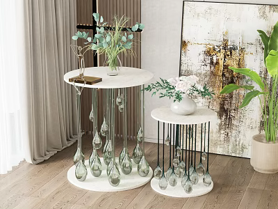 Elegant Modern Round Coffee Table With White Marble Top Glass Droplet Decor And Green Plants 3d model