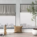 Gray and Brown Roller Curtains in Modern Interior Room with City View and Decorative Plants