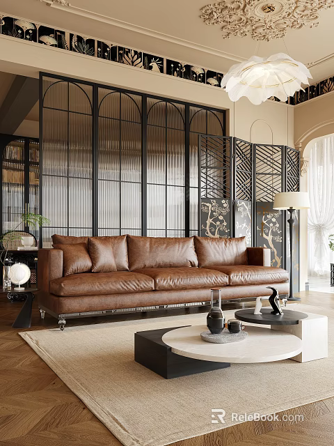 Modern Living Room Interior With Brown Leather Sofa Black Metal Screen Bookshelf And Floor Lamp 3d model 