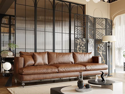 Modern Living Room Interior With Brown Leather Sofa Black Metal Screen Bookshelf And Floor Lamp 3d model
